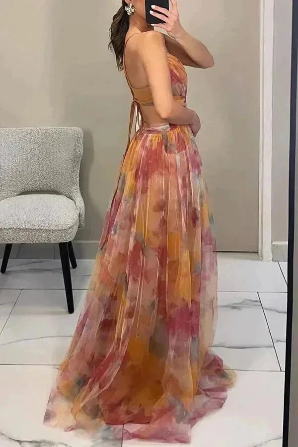 Peach Women's Summer Wedding Guest V-Neck Maxi Dress — Fleur Tie Detail Flowy - Side Angle