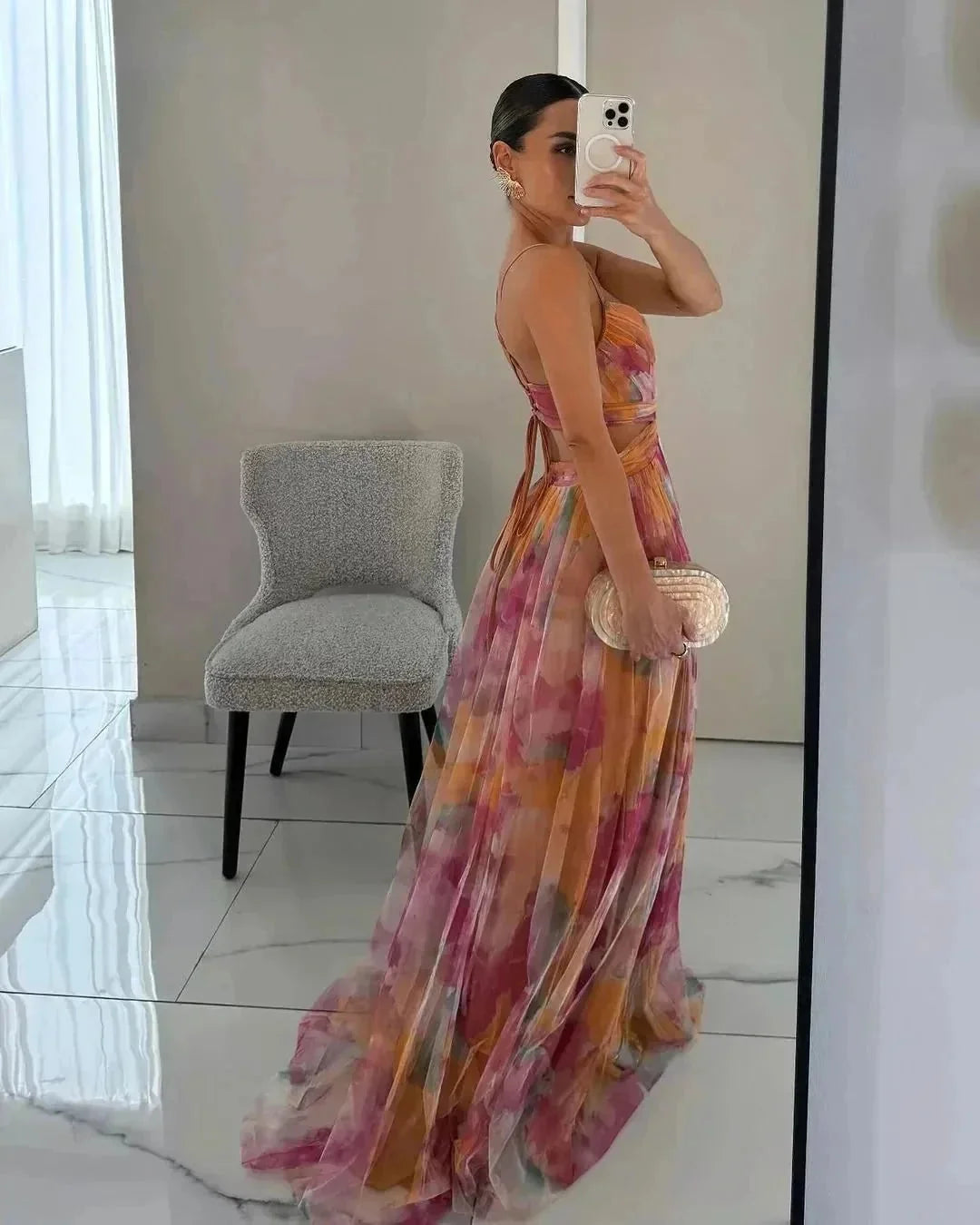 Peach Women's Summer Wedding Guest V-Neck Maxi Dress — Fleur Tie Detail Flowy - Side Profile