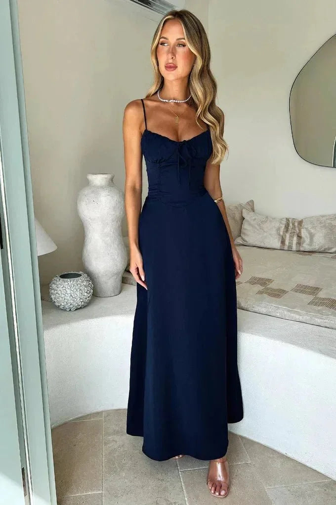 Navy Blue Women's Blue Lace-Up Sweetheart Maxi Dress — Liana Ruffle Mermaid - Full Length