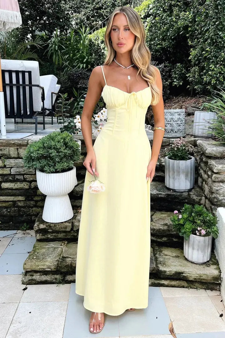 Yellow Women's Blue Lace-Up Sweetheart Maxi Dress — Liana Ruffle Mermaid - Standing Pose