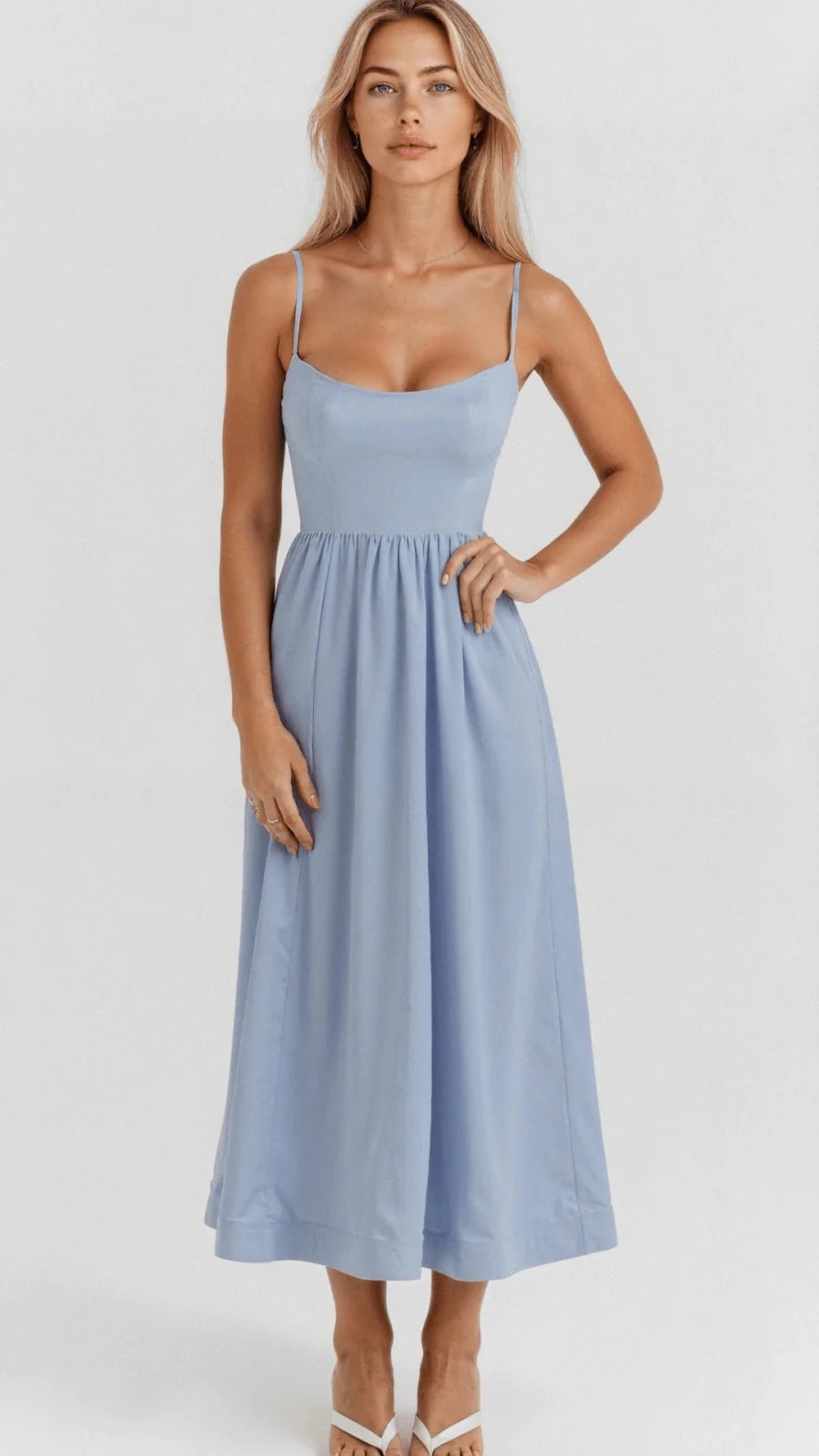 Lily | Elegant Sweetheart Midi Dress with Thin Straps - Light Blue - 7
