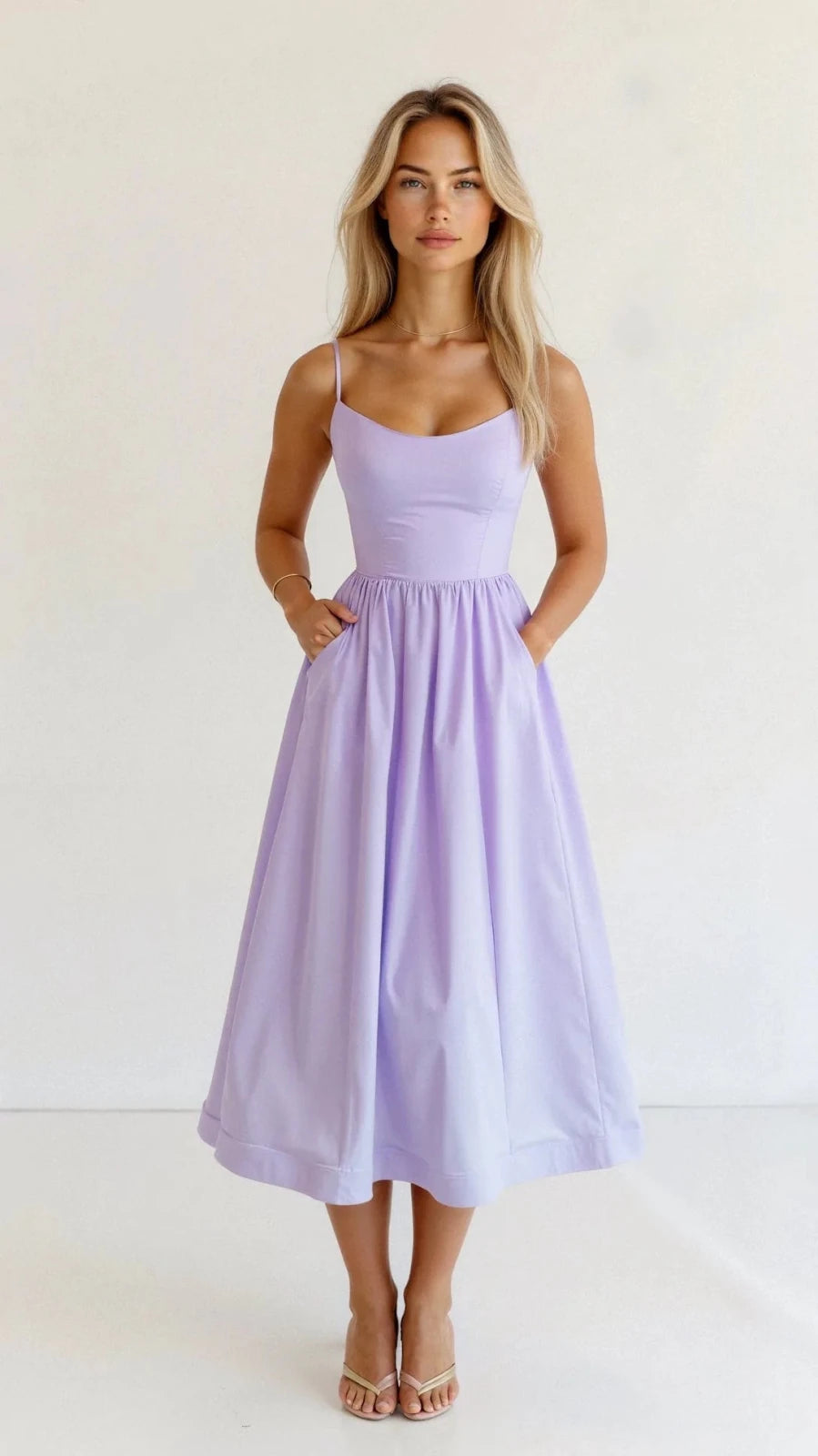 Lily | Elegant Sweetheart Midi Dress with Thin Straps - Lilac - 6