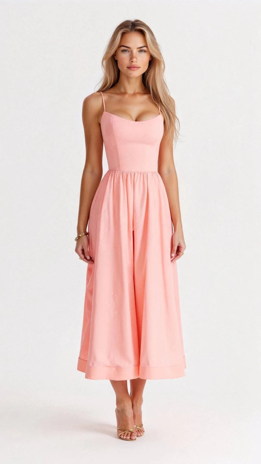 Lily | Elegant Sweetheart Midi Dress with Thin Straps - Pink - 5