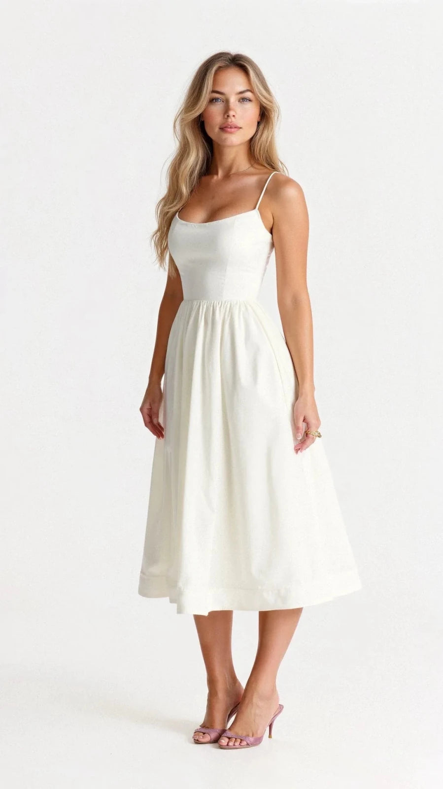 Lily | Elegant Sweetheart Midi Dress with Thin Straps - White - 4