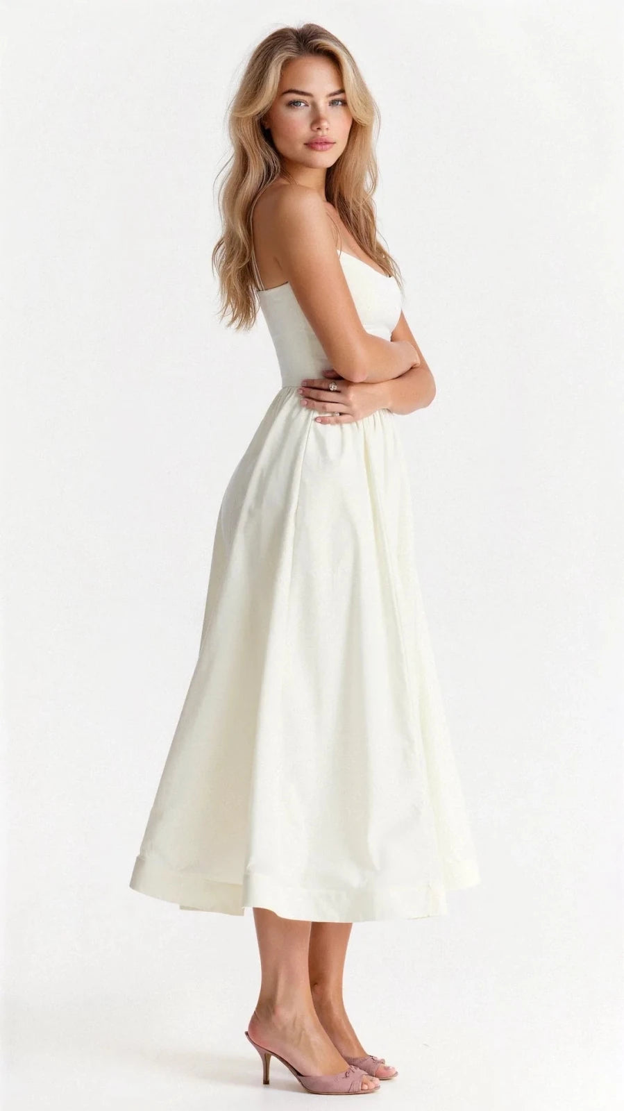 Lily | Elegant Sweetheart Midi Dress with Thin Straps - Light Blue - 3