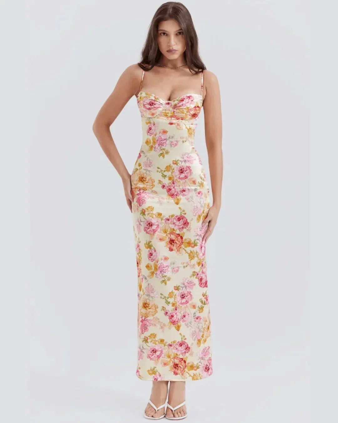 Floral Women's Floral Sweetheart Wedding Guest Dress — Zoe Midi Bodycon Satin - Front Full