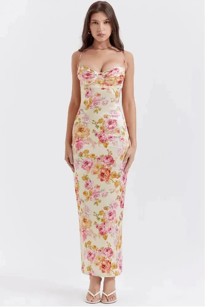 Floral Women's Floral Sweetheart Wedding Guest Dress — Zoe Midi Bodycon Satin - Front Studio