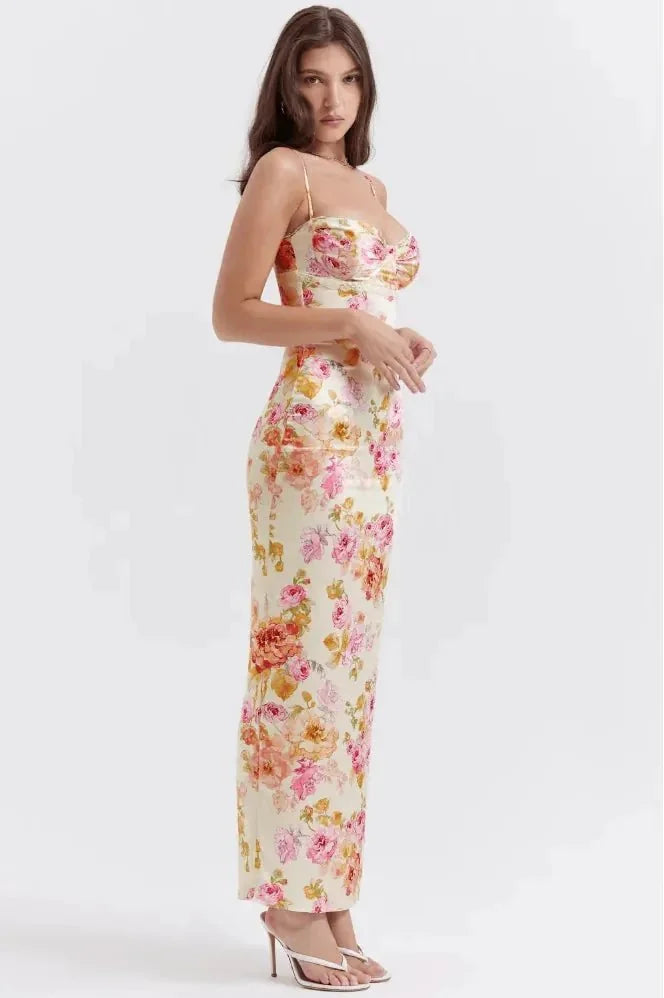 Floral Women's Floral Sweetheart Wedding Guest Dress — Zoe Midi Bodycon Satin - Three Quarter View