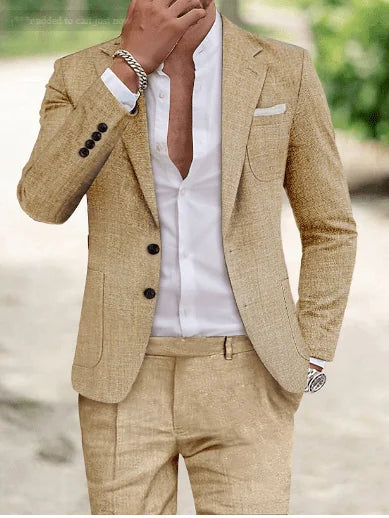 Beige Elegant Men's Linen Two Piece Summer Suit - Hand Detail
