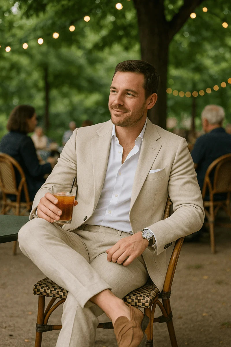 Cream Elegant Men's Linen Two Piece Summer Suit - Seated Casual