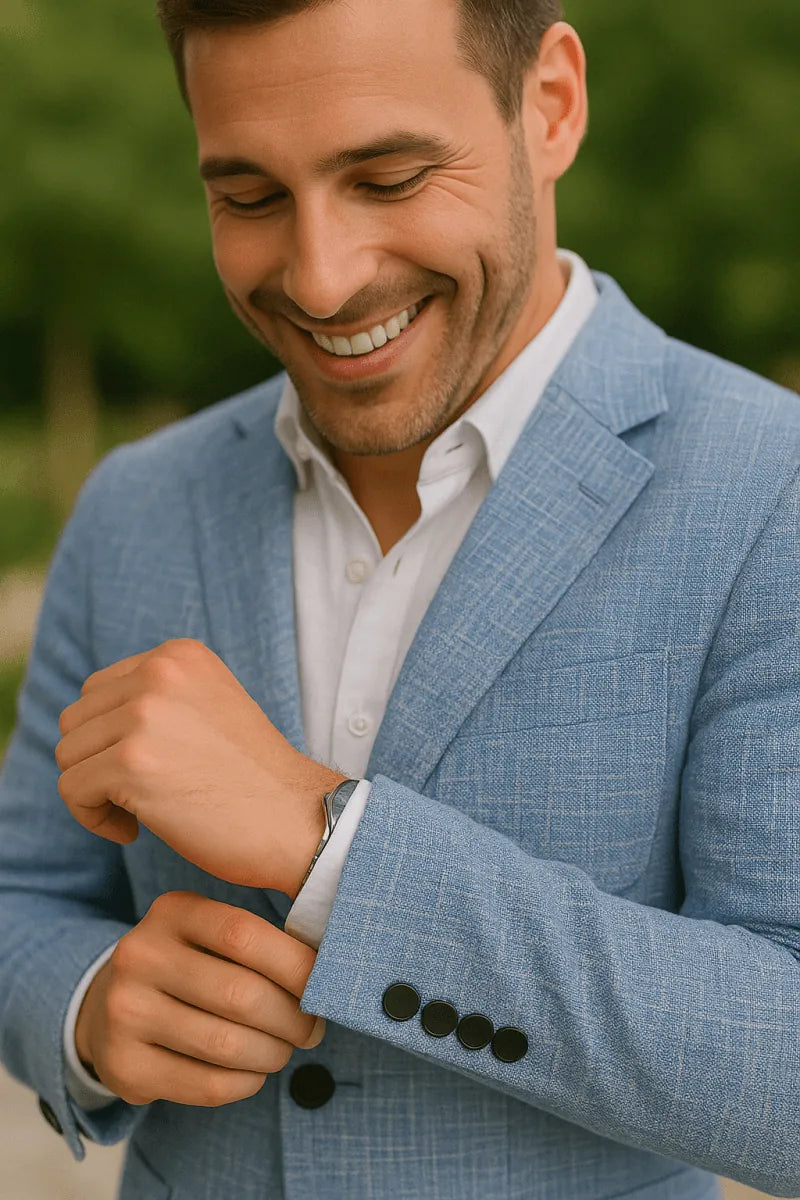 Light Blue Elegant Men's Linen Two Piece Summer Suit - Close Up Detail