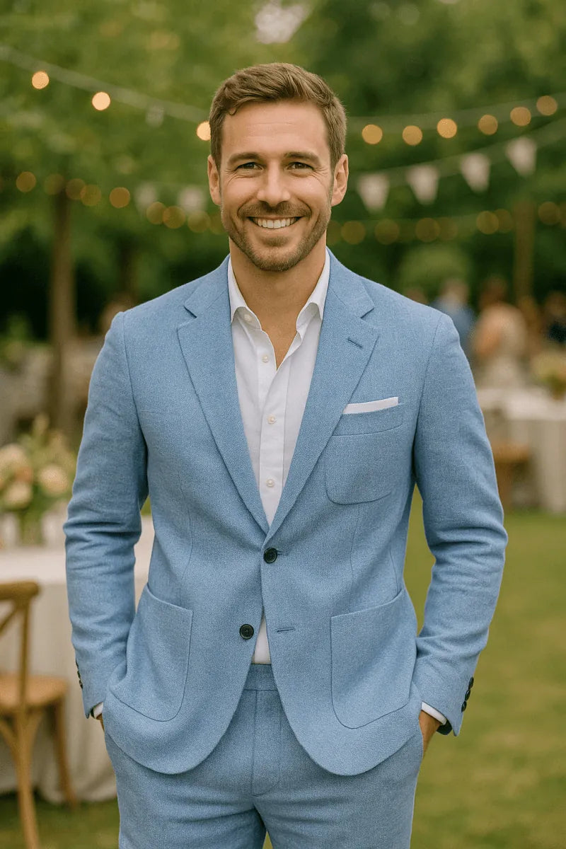 Light Blue Elegant Men's Linen Two Piece Summer Suit - Front Pose