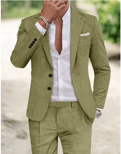 Olive Elegant Men's Linen Two Piece Summer Suit - Front Full