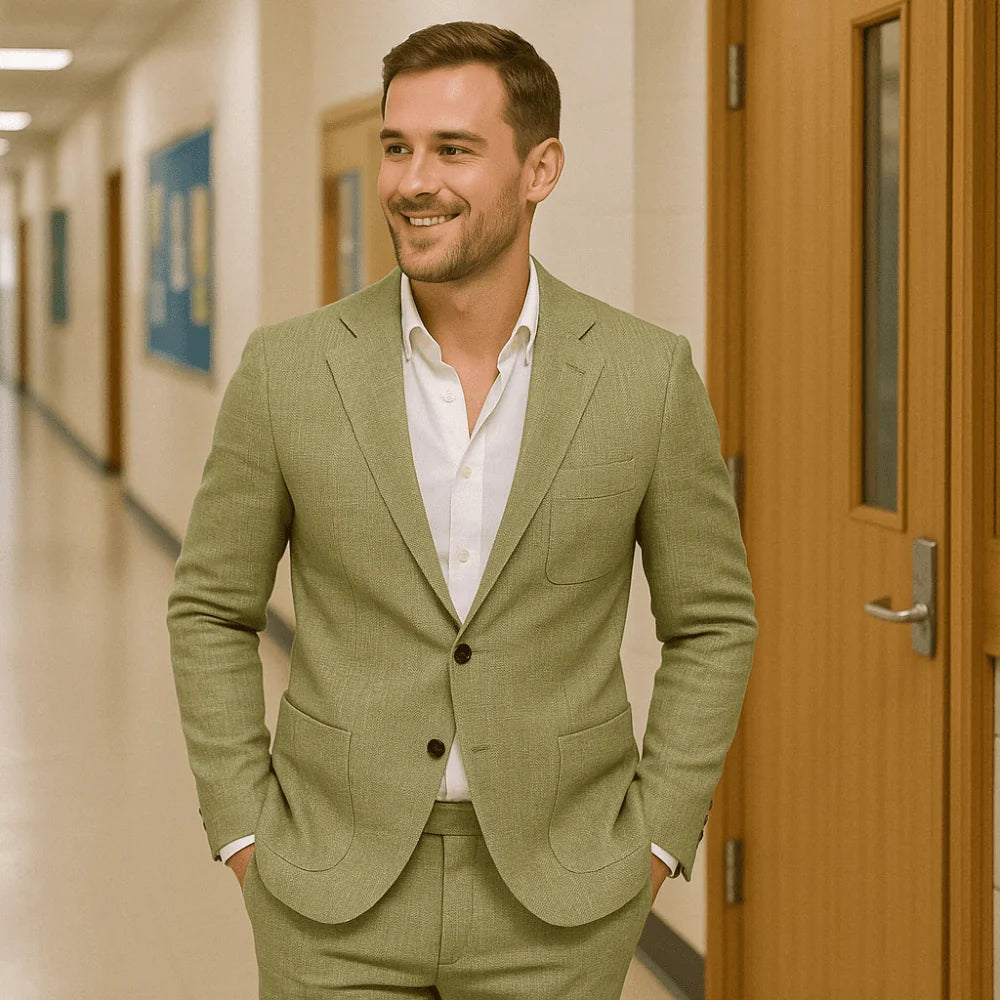Olive Elegant Men's Linen Two Piece Summer Suit - Hallway Walking