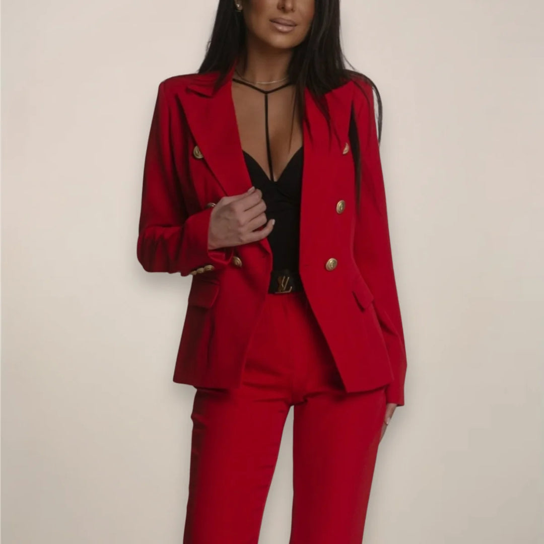 Red Women's Tailored Two Piece Blazer Suit with Pants — Orla Double-Breasted - Front Bold