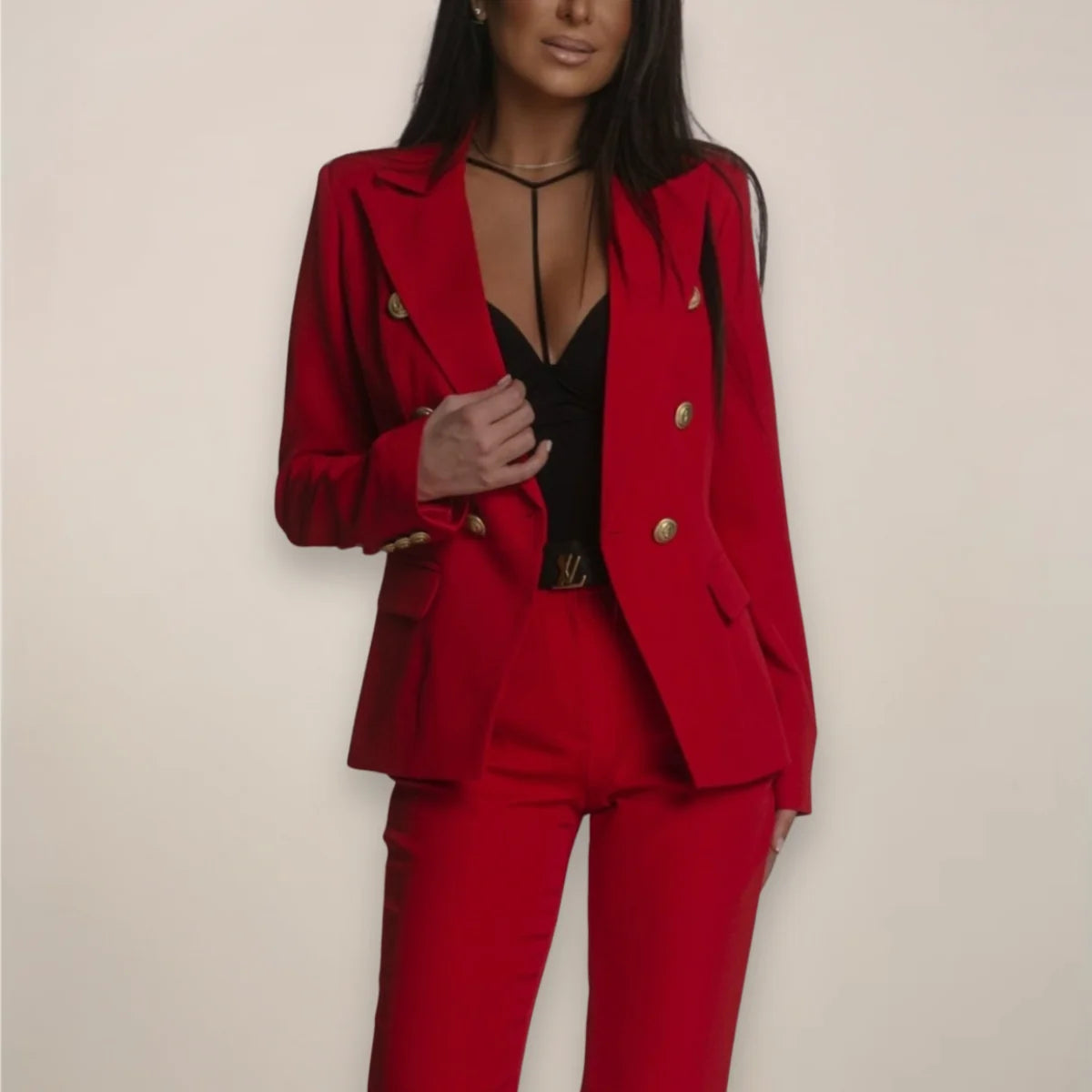 Red Women's Tailored Two Piece Blazer Suit with Pants — Orla Double-Breasted - Front Bold