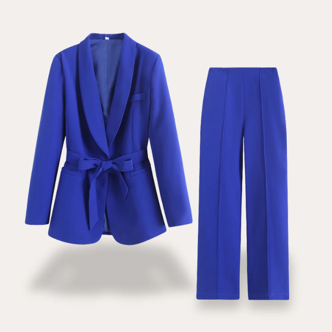 Blue Women's Tailored Blazer Suit with Wide-Leg Pants — Sable Belted Two-Piece - Flat Lay Set