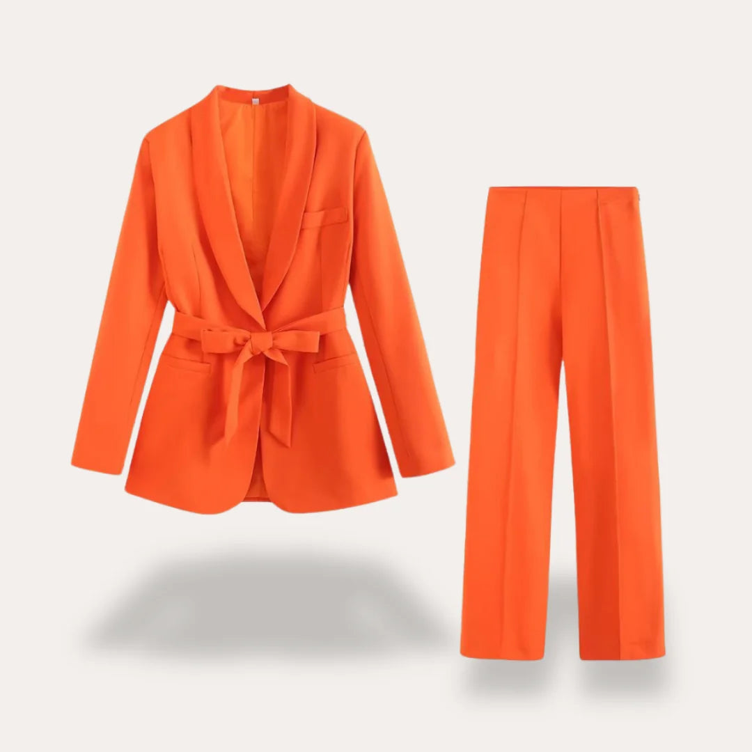 Orange Women's Tailored Blazer Suit with Wide-Leg Pants — Sable Belted Two-Piece - Flat Lay Set
