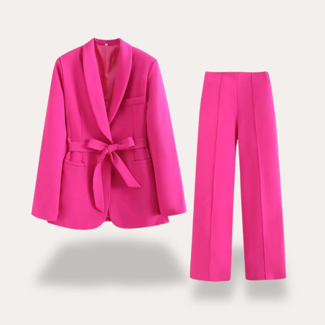 Pink Women's Tailored Blazer Suit with Wide-Leg Pants — Sable Belted Two-Piece - Flat Lay Set