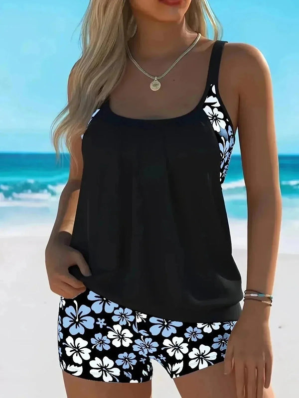 Black Women's Floral Tankini Set — Nola Adjustable Straps Beach - Front Full