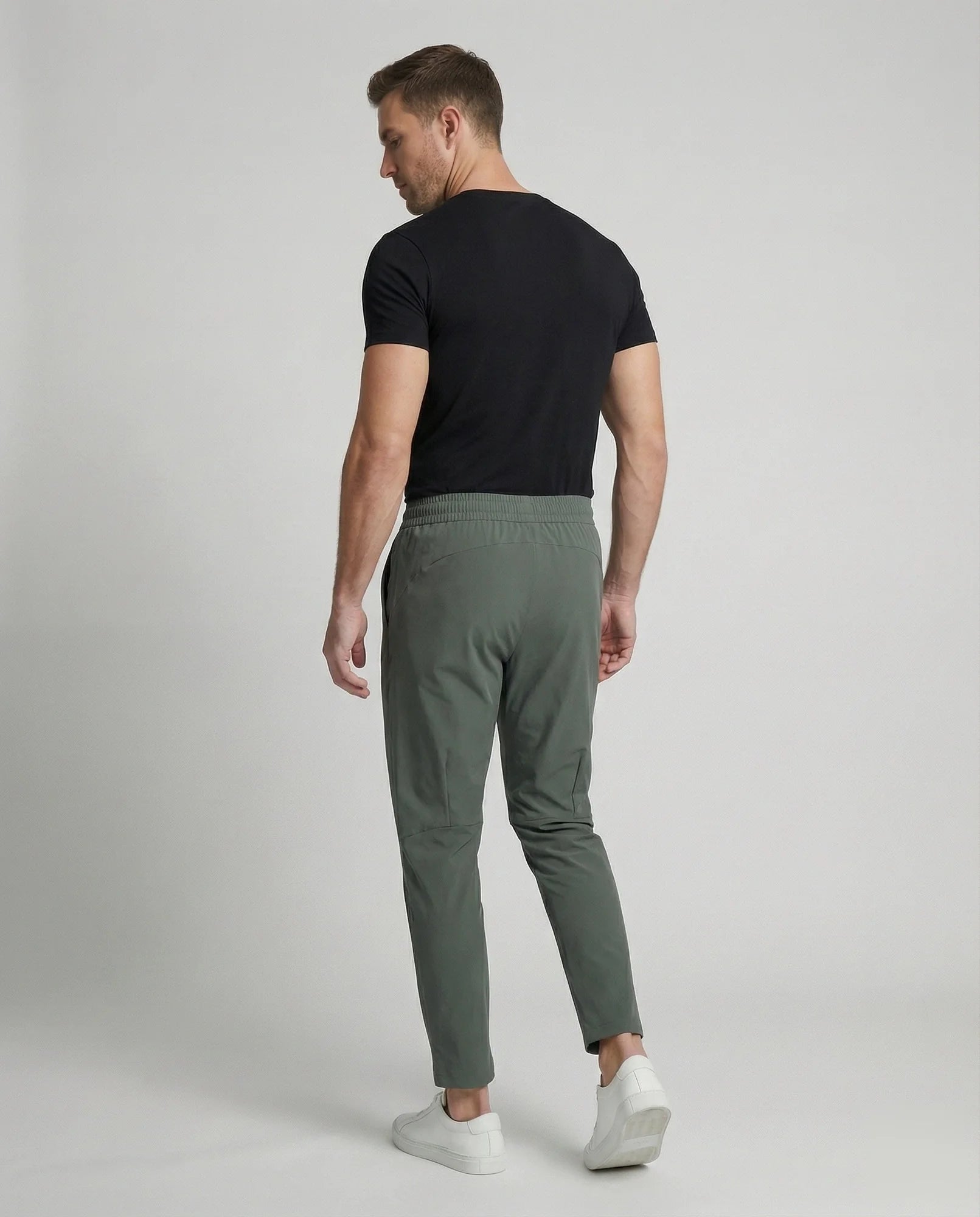Military Green Tapered Men's Joggers with Elastic Waist - Back Pose