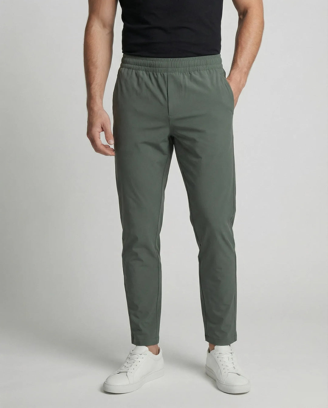 Military Green Tapered Men's Joggers with Elastic Waist - Front Close Up