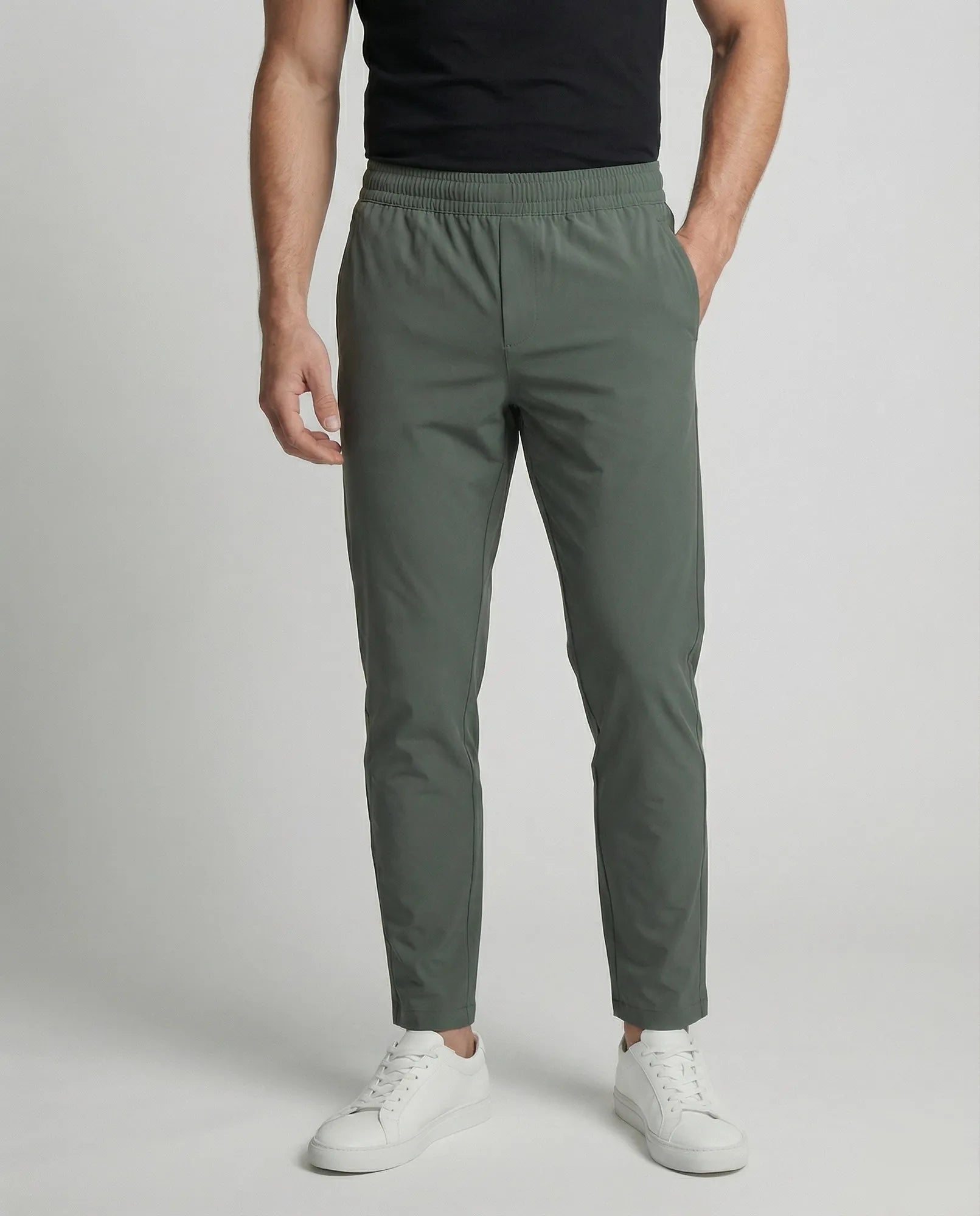 Military Green Tapered Men's Joggers with Elastic Waist - Front Close Up