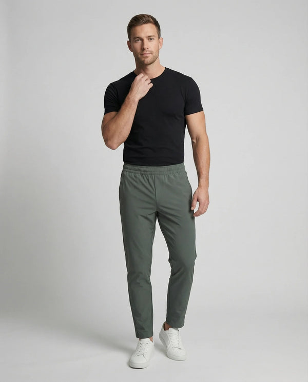 Military Green Tapered Men's Joggers with Elastic Waist - Front Full