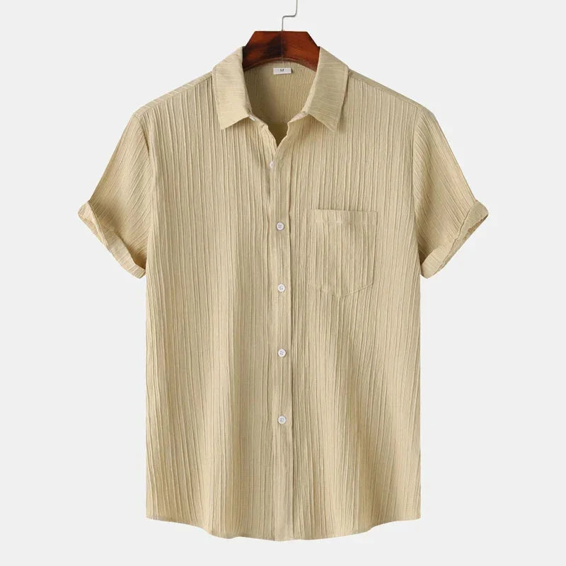 Beige Men's Textured Linen Shirt — Delphine Short Sleeve Button-Front - Front Hanger