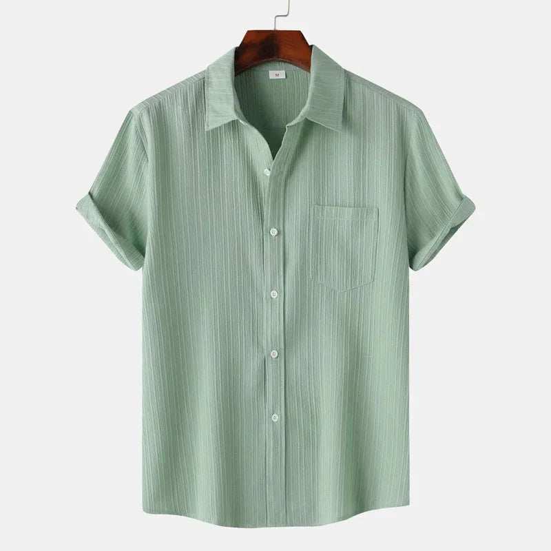 Green Men's Textured Linen Shirt — Delphine Short Sleeve Button-Front - Front Flat