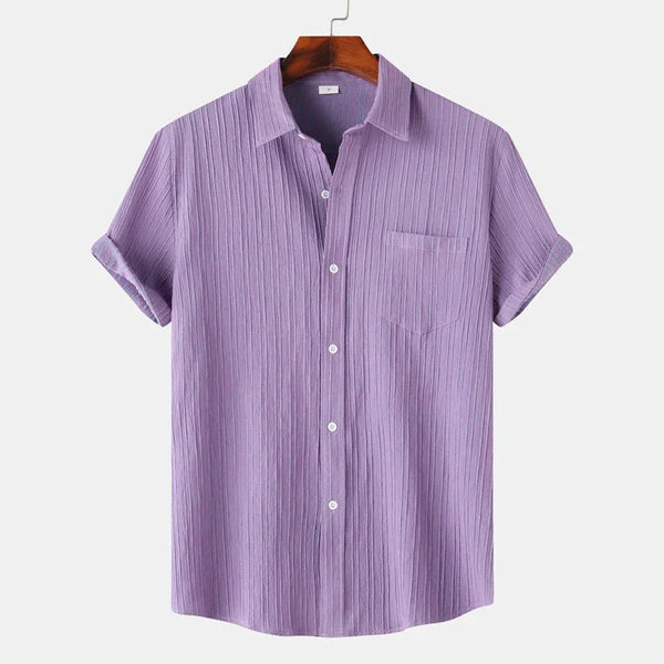Purple Men's Textured Linen Shirt — Delphine Short Sleeve Button-Front - Front Full