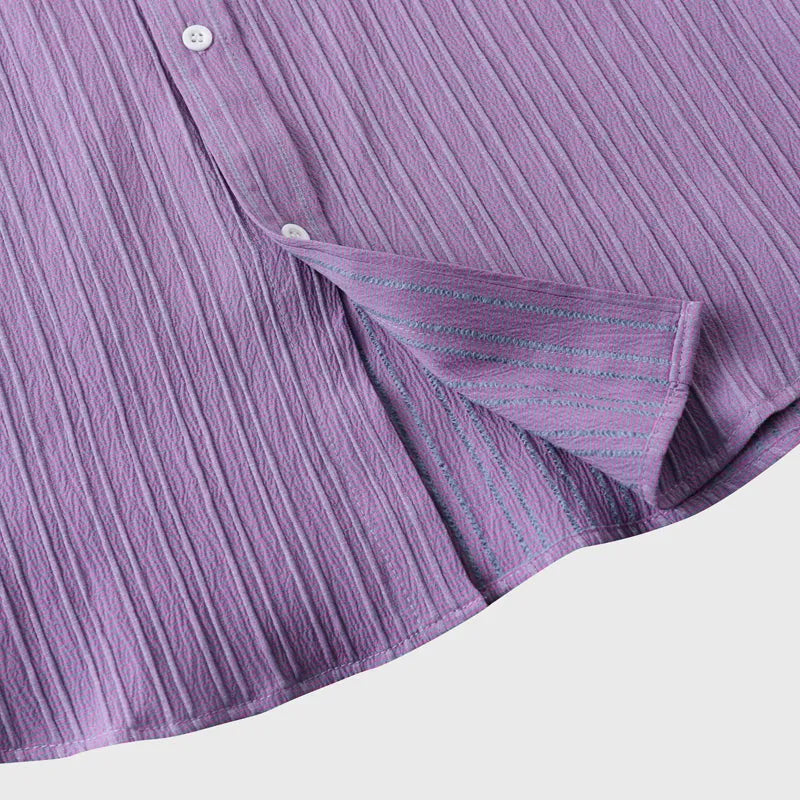 Purple Men's Textured Linen Shirt — Delphine Short Sleeve Button-Front - Hem Detail