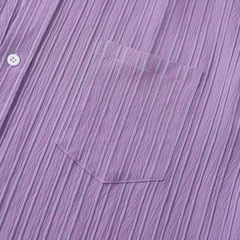 Purple Men's Textured Linen Shirt — Delphine Short Sleeve Button-Front - Pocket Detail