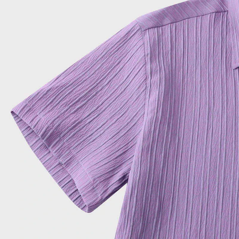 Purple Men's Textured Linen Shirt — Delphine Short Sleeve Button-Front - Sleeve Detail