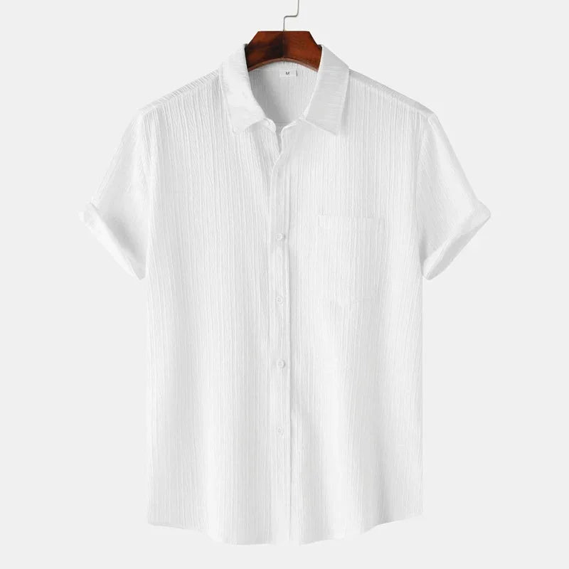 White Men's Textured Linen Shirt — Delphine Short Sleeve Button-Front - Front Studio