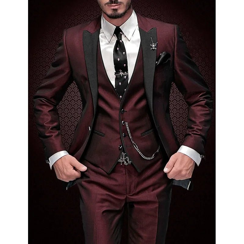 Rafael | Elegant Men's Three Piece Suit with Black Lapels - Burgundy - 1