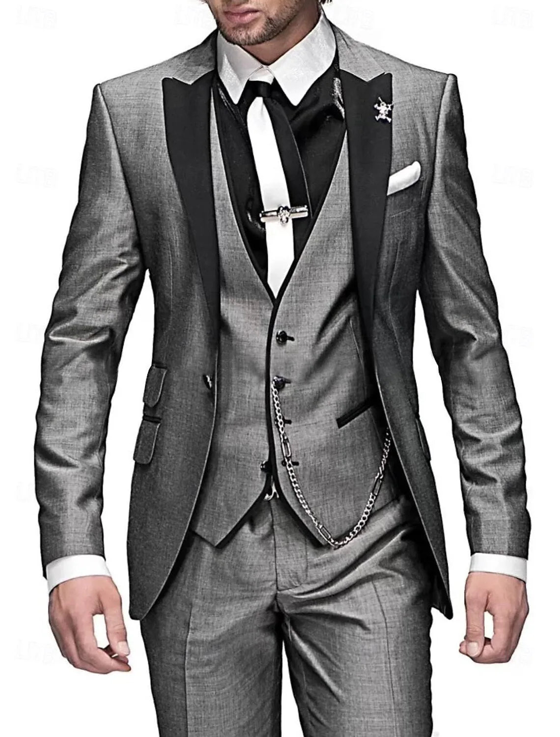 Rafael | Elegant Men's Three Piece Suit with Black Lapels - Light Gray - 6