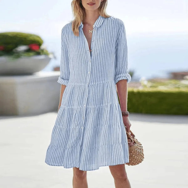 Light Blue Women's Tiered Button-Down Shirt Dress — Sarah Striped Collared Long Sleeve - Front Full