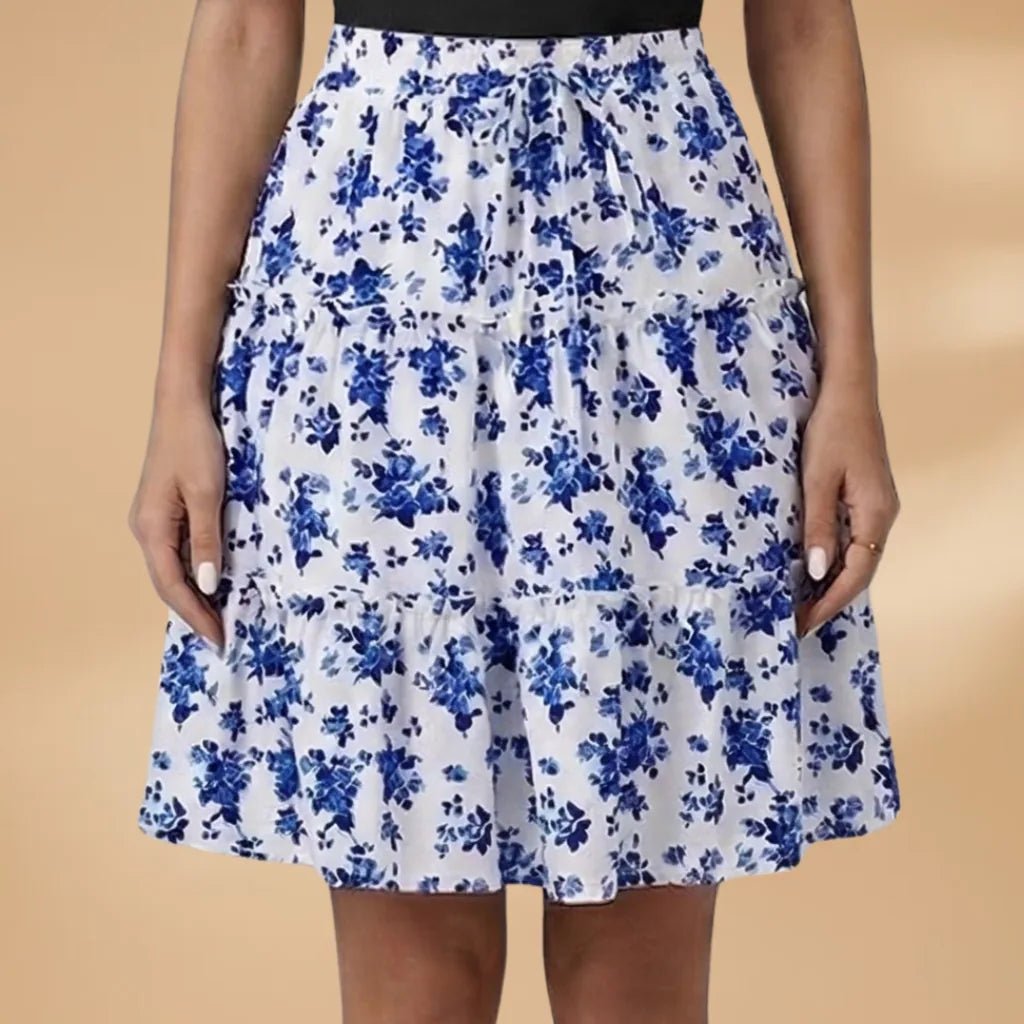 Isla | Floral Tiered Midi Skirt with Ruffled Hem - Blue - 9
