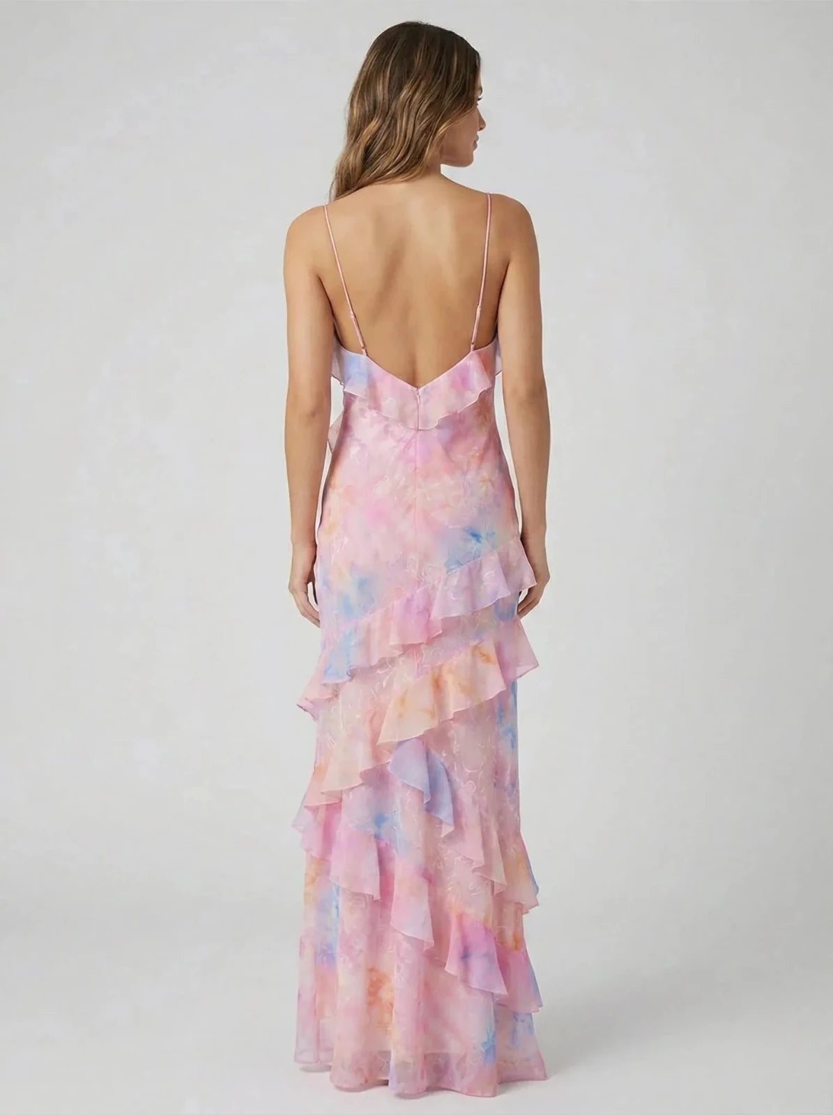 Sophia | Elegant Tiered Ruffle V - Neck Maxi Dress - Pink - 2