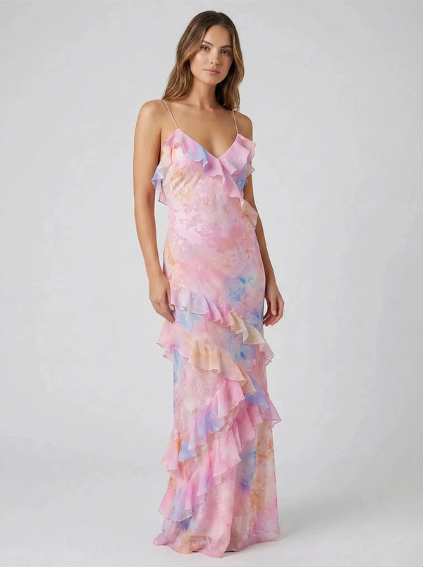 Sophia | Elegant Tiered Ruffle V - Neck Maxi Dress - Pink - 1