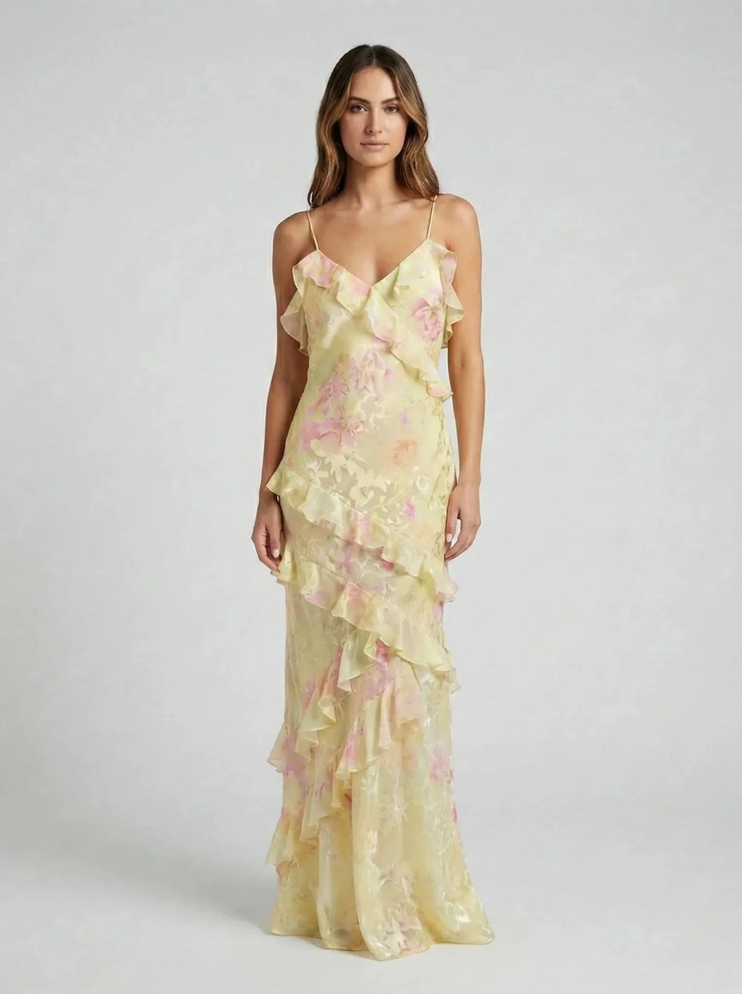 Sophia | Elegant Tiered Ruffle V - Neck Maxi Dress - Yellow - 3