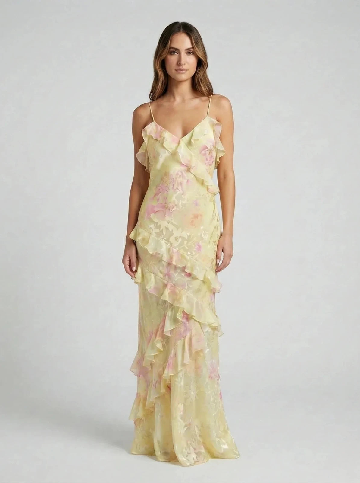 Sophia | Elegant Tiered Ruffle V - Neck Maxi Dress - Yellow - 3