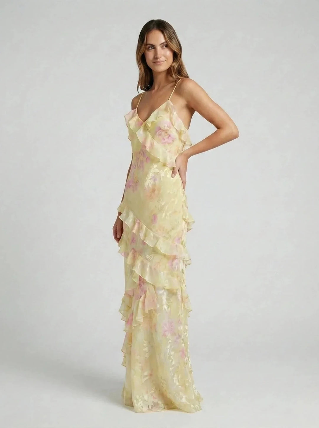 Sophia | Elegant Tiered Ruffle V - Neck Maxi Dress - Yellow - 4