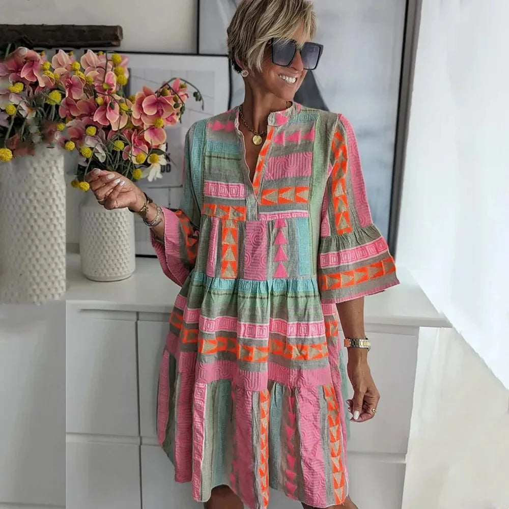 Multicolor Women's Tiered V-Neck Beach Dress — Beatrix Bell Sleeve Bohemian - Front Full