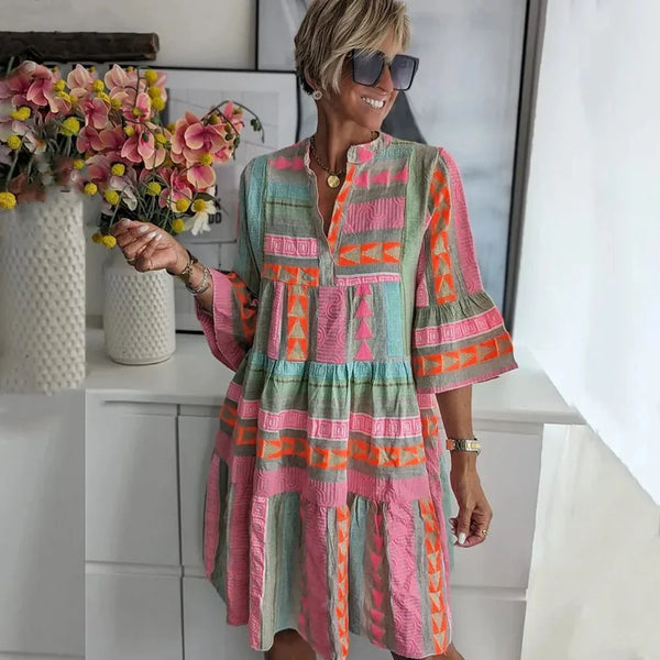 Multicolor Women's Tiered V-Neck Beach Dress — Beatrix Bell Sleeve Bohemian - Front Full