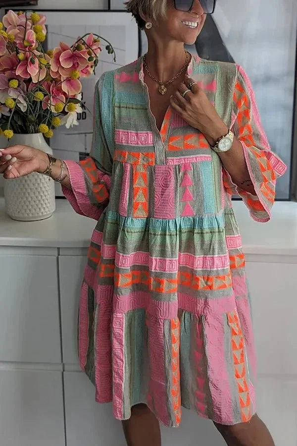 Multicolor Women's Tiered V-Neck Beach Dress — Beatrix Bell Sleeve Bohemian - Side Pose