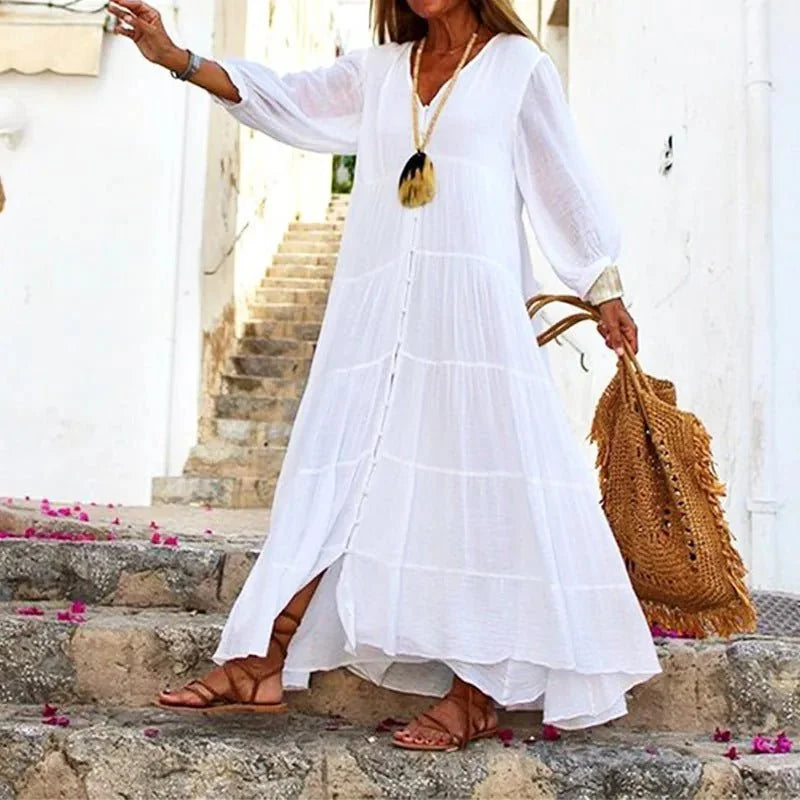 White Women's White Tiered V-Neck Beach Dress — Natalie Long Sleeve Boho - Side Pose
