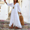 Women's White Tiered V-Neck Maxi Beach Dress — Gabrielle Button-Front Boho