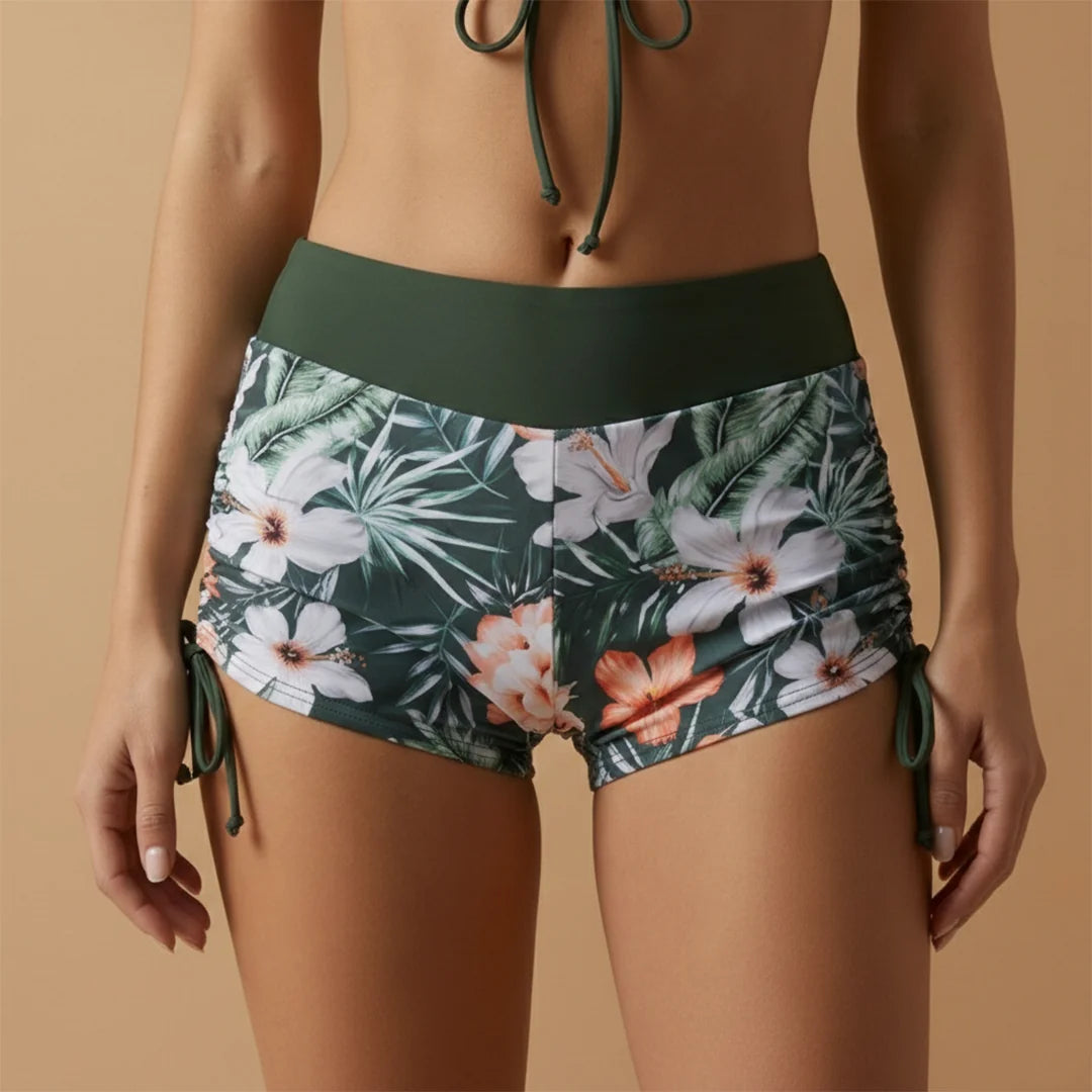Dark Green Women's Bikini Set with Tie-Front Top and High-Waisted Shorts — Skylar Tropical Floral - Close Up Bottom